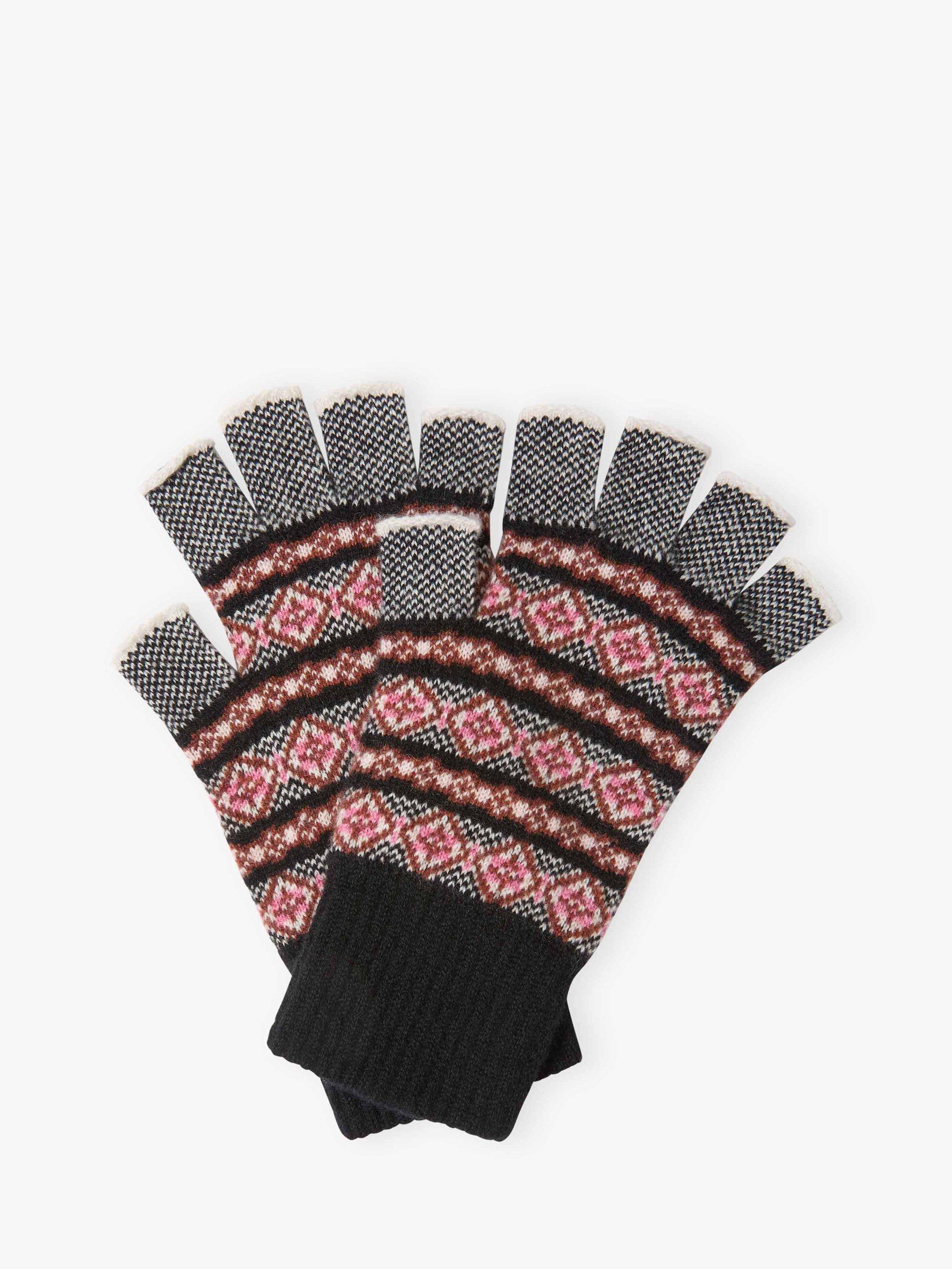 Product image 1 of 2, which shows Brora Fair Isle Folk Pure Cashmere Fingerless Gloves, Black, One Size
