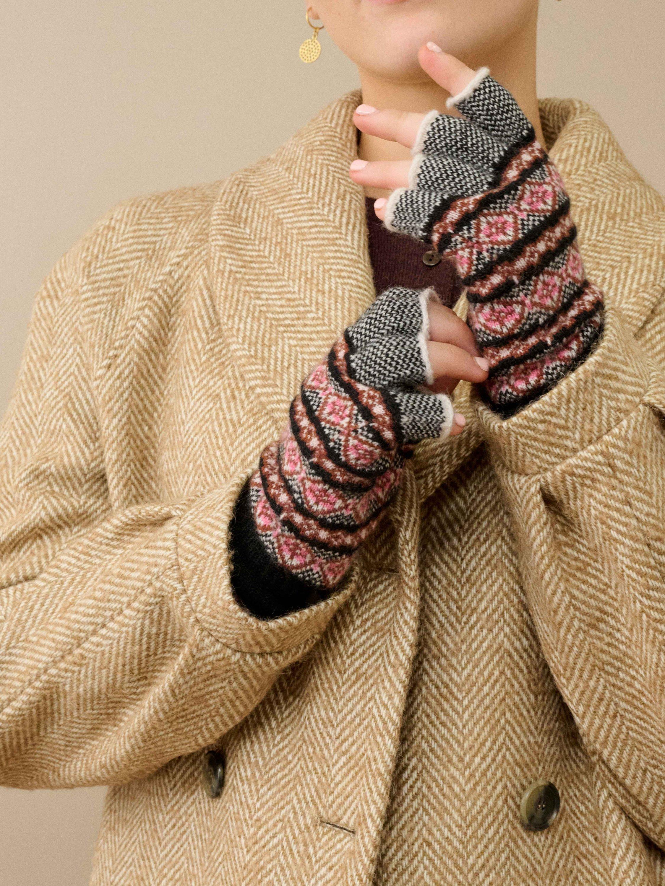 Product image 2 of 2, which shows Brora Fair Isle Folk Pure Cashmere Fingerless Gloves, Black, One Size