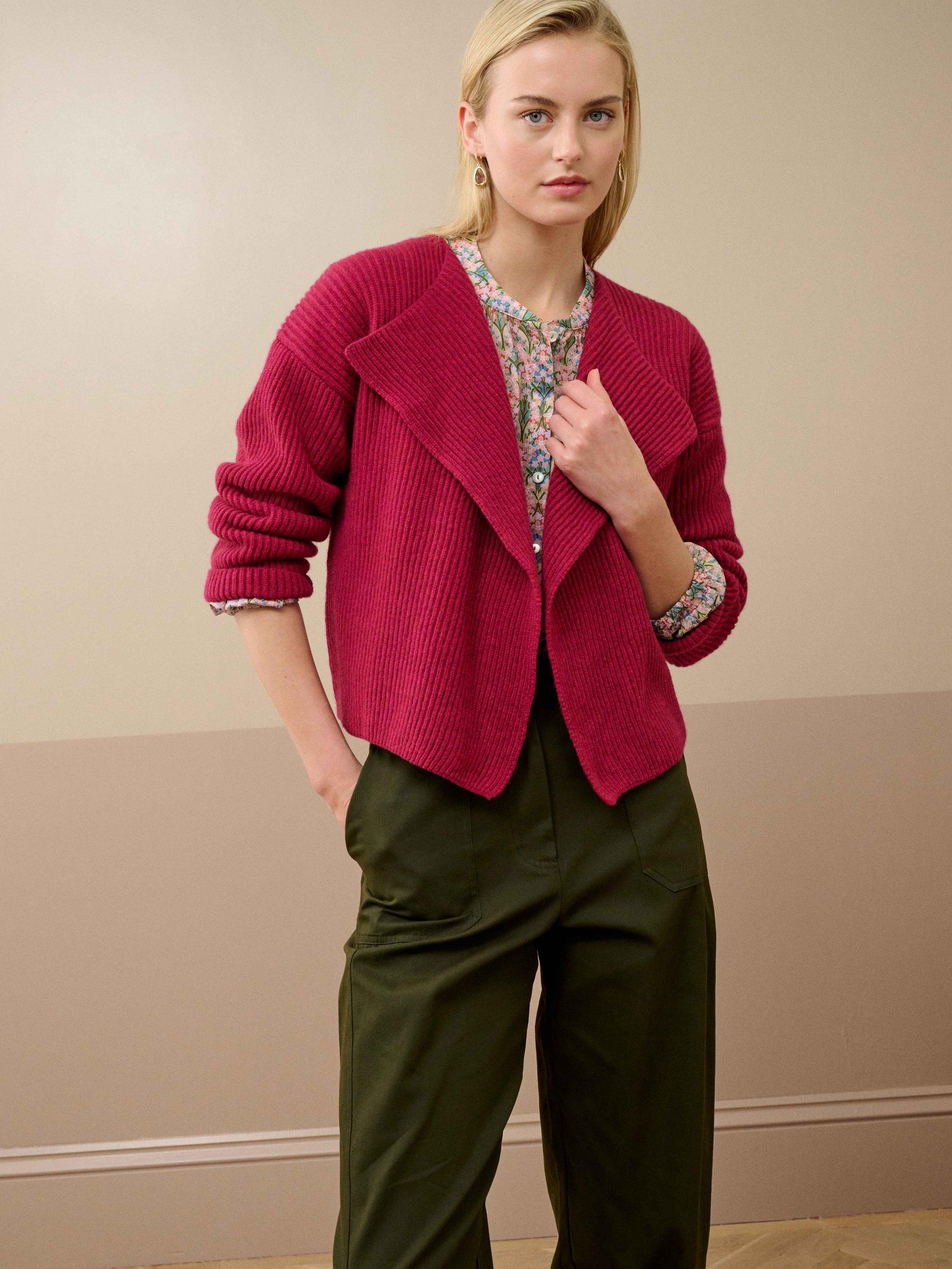 Product image 1 of 4, which shows Brora Ribbed Waterfall Neck Pure Cashmere Jacket, Mulberry, 8-10