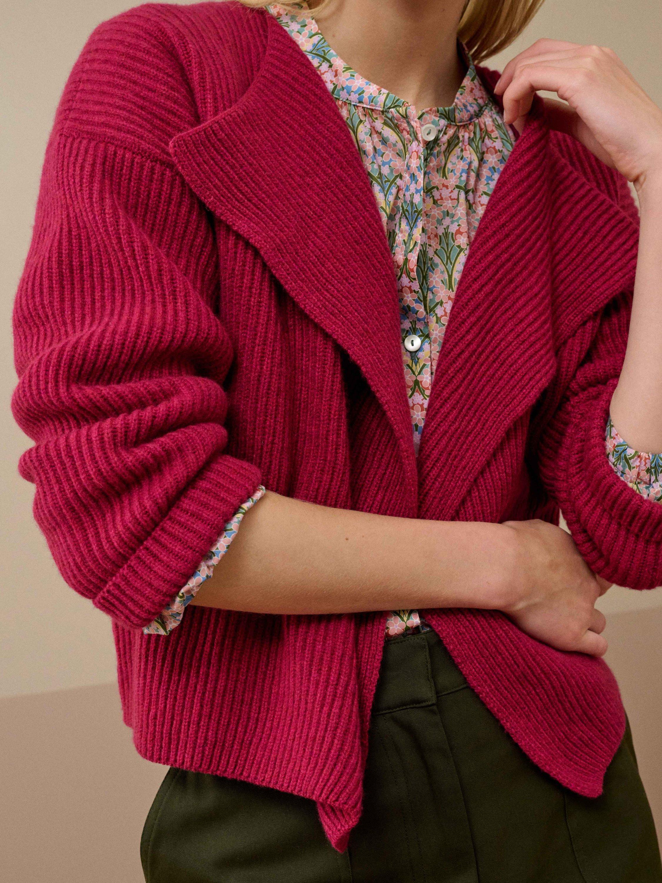 Product image 4 of 4, which shows Brora Ribbed Waterfall Neck Pure Cashmere Jacket, Mulberry, 8-10