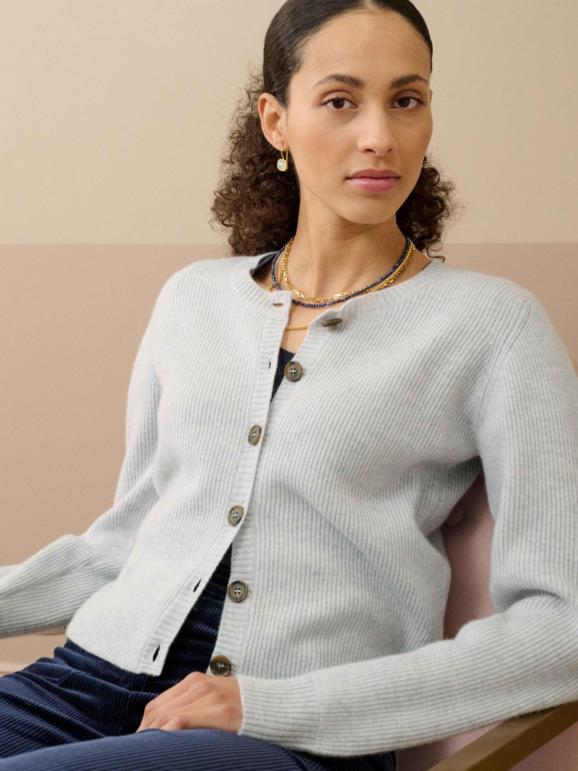 Product image 1 of 4, which shows Brora Ribbed Pure Cashmere Cardigan, Pearl, 8