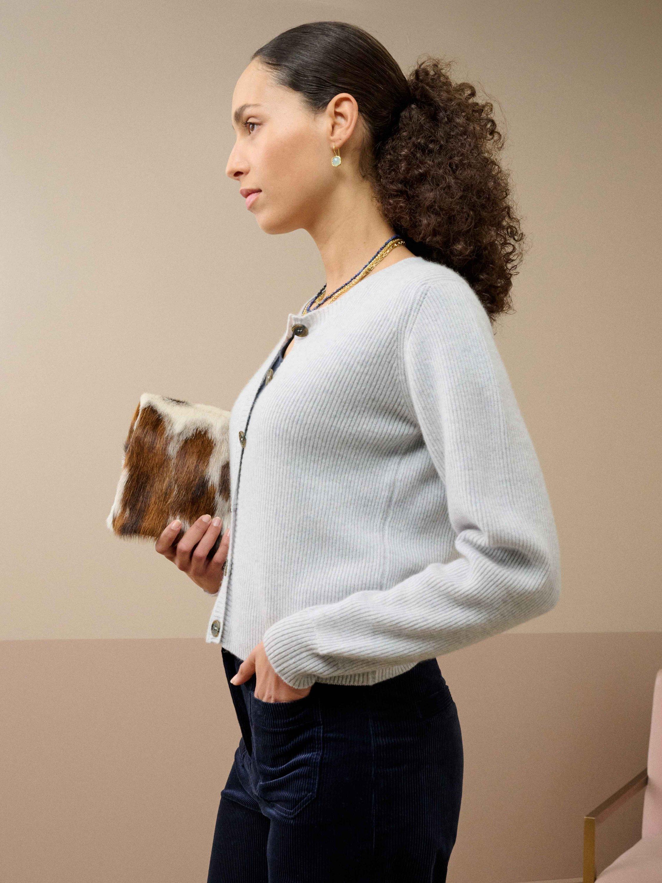 Product image 2 of 4, which shows Brora Ribbed Pure Cashmere Cardigan, Pearl, 8