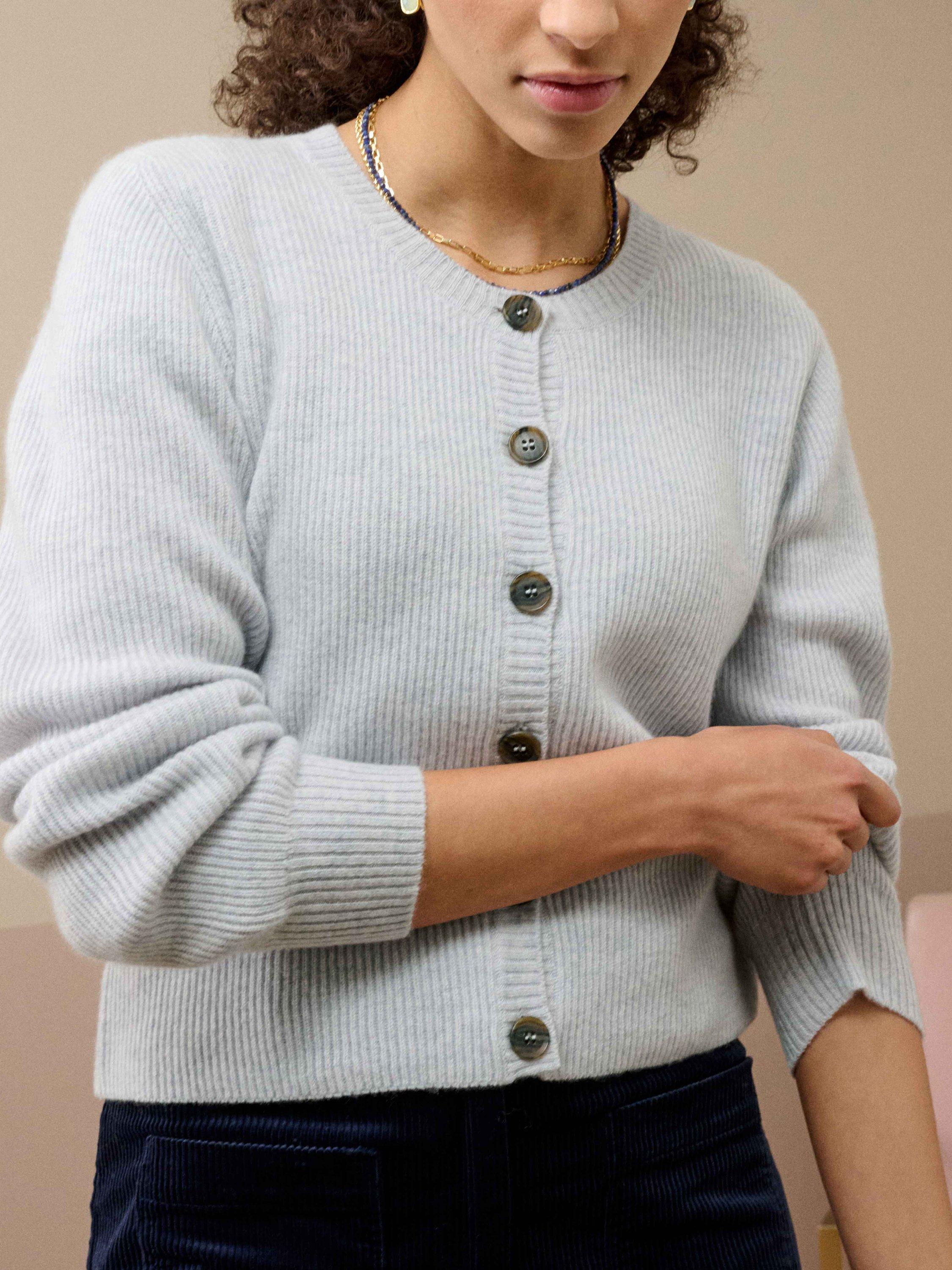Product image 3 of 4, which shows Brora Ribbed Pure Cashmere Cardigan, Pearl, 8