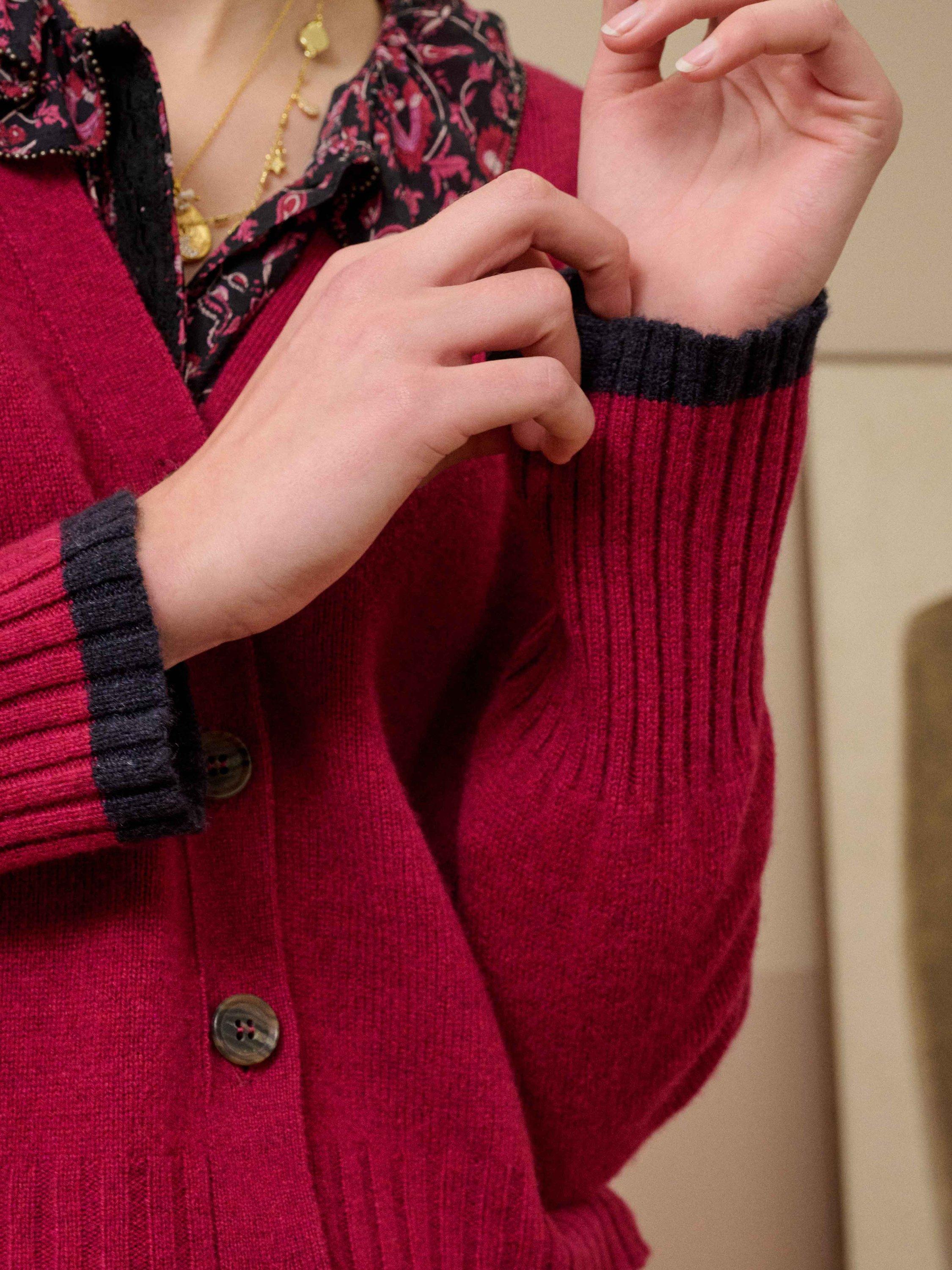 Product image 3 of 4, which shows Brora Colour Block Pure Cashmere Cardigan, Mulberry, 8-10