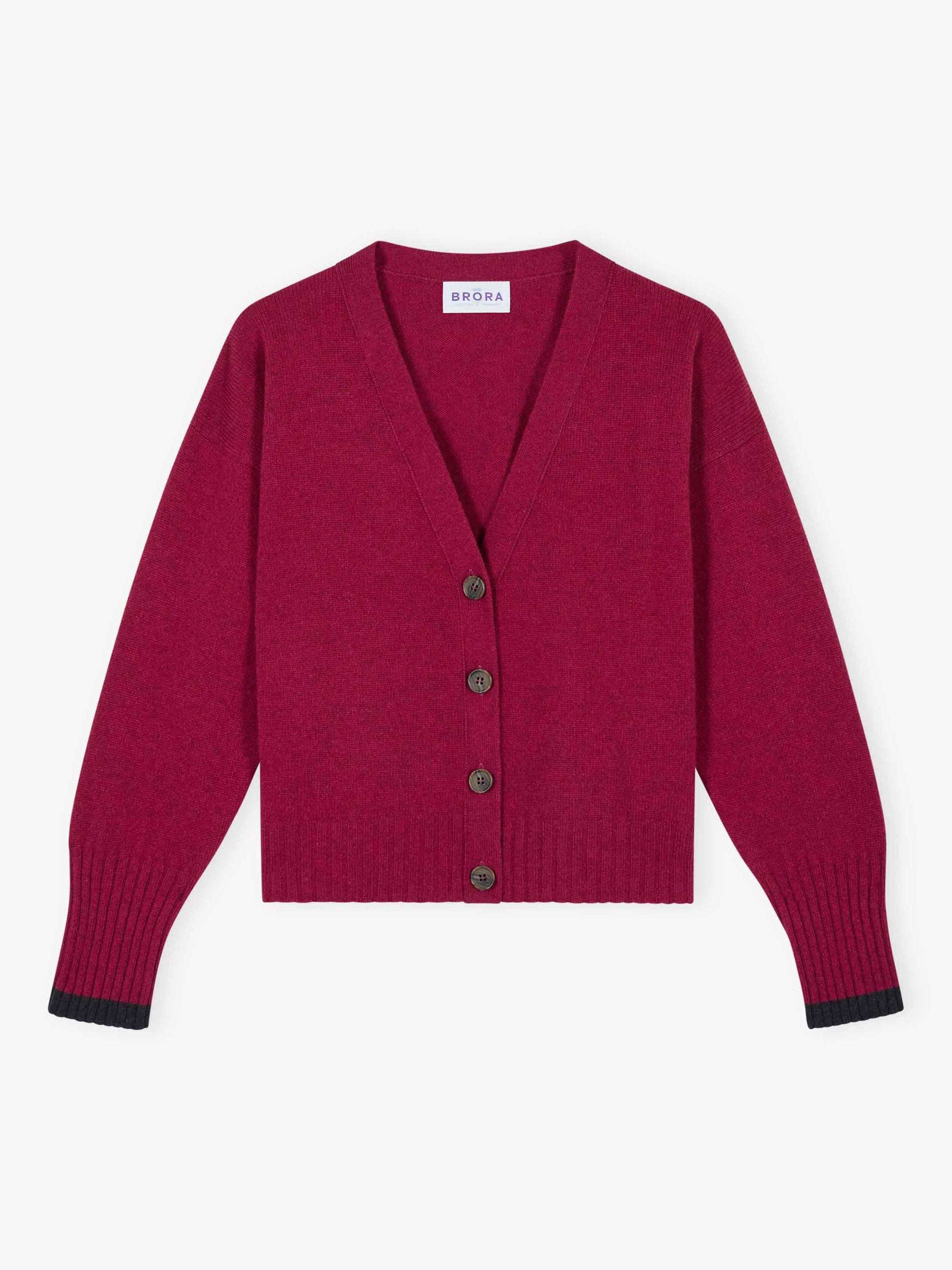 Product image 4 of 4, which shows Brora Colour Block Pure Cashmere Cardigan, Mulberry, 8-10