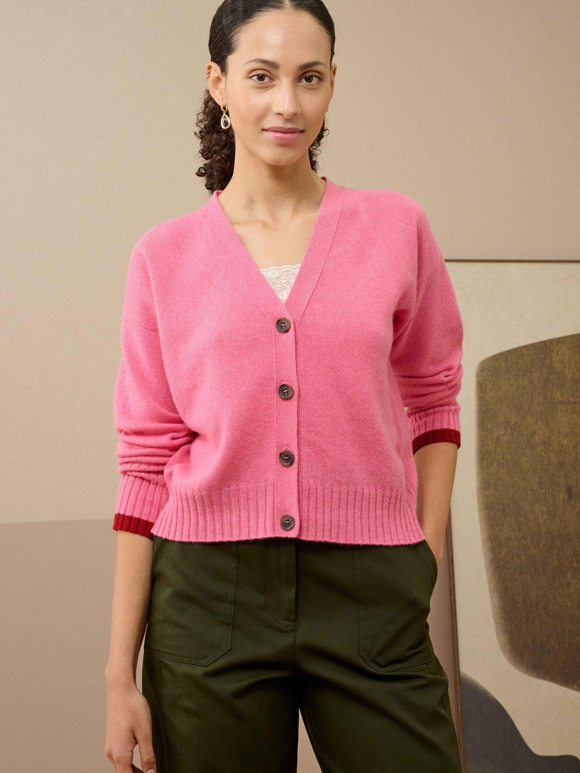 Product image 1 of 4, which shows Brora Colour Block Pure Cashmere Cardigan, Peony, 8-10