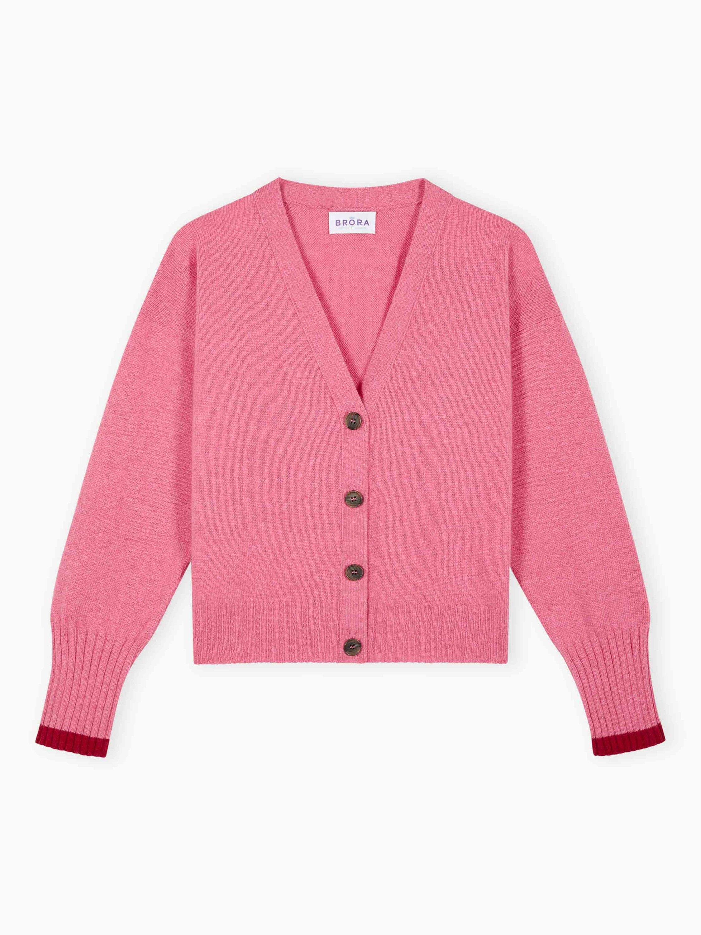 Product image 4 of 4, which shows Brora Colour Block Pure Cashmere Cardigan, Peony, 8-10
