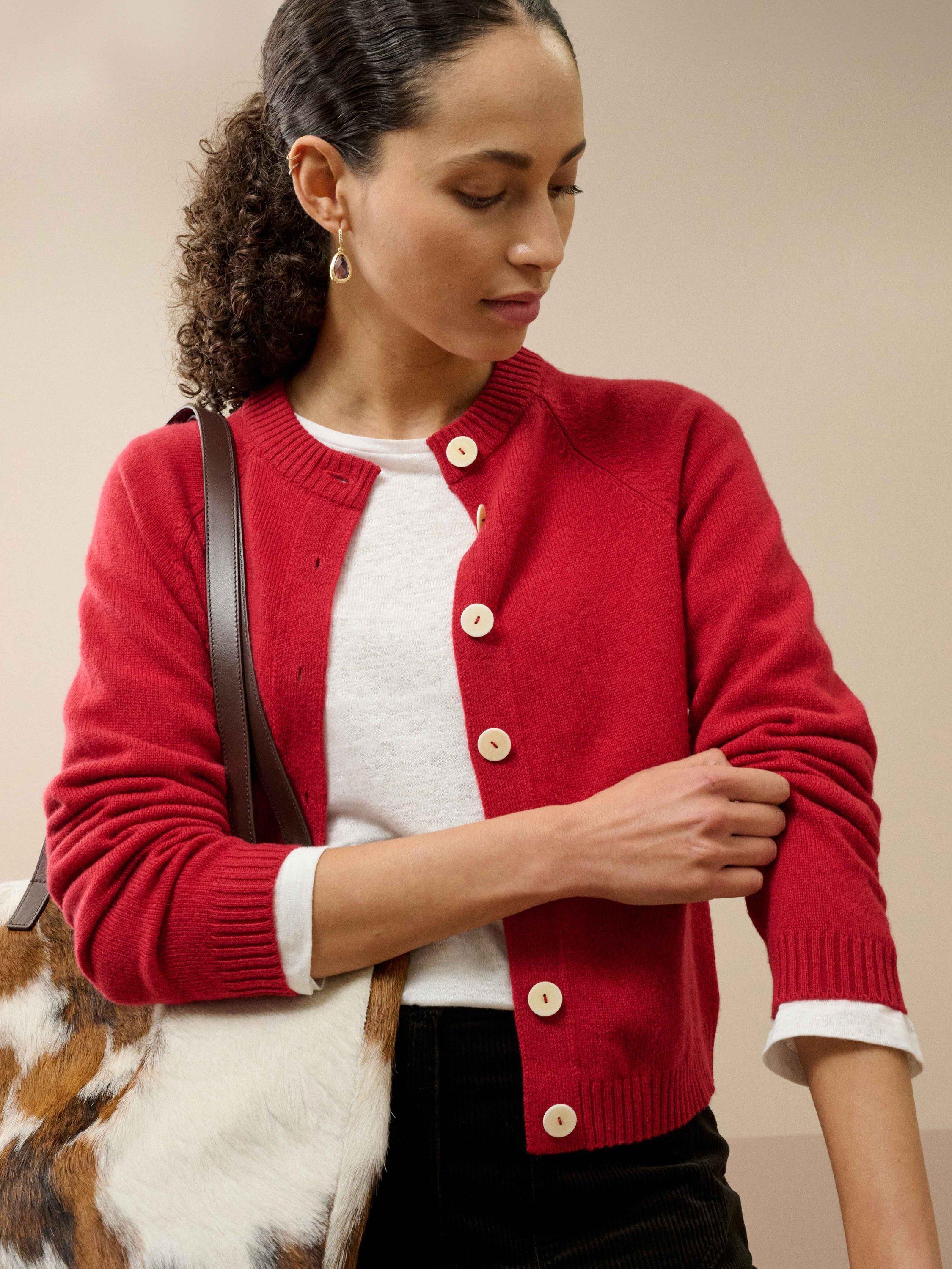 Product image 2 of 3, which shows Brora Raglan Sleeve Pure Cashmere Cardigan, Garnet, 12