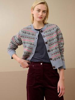 Brora Fair Isle Pure Merino Wool Cardigan, Smoke, Smoke