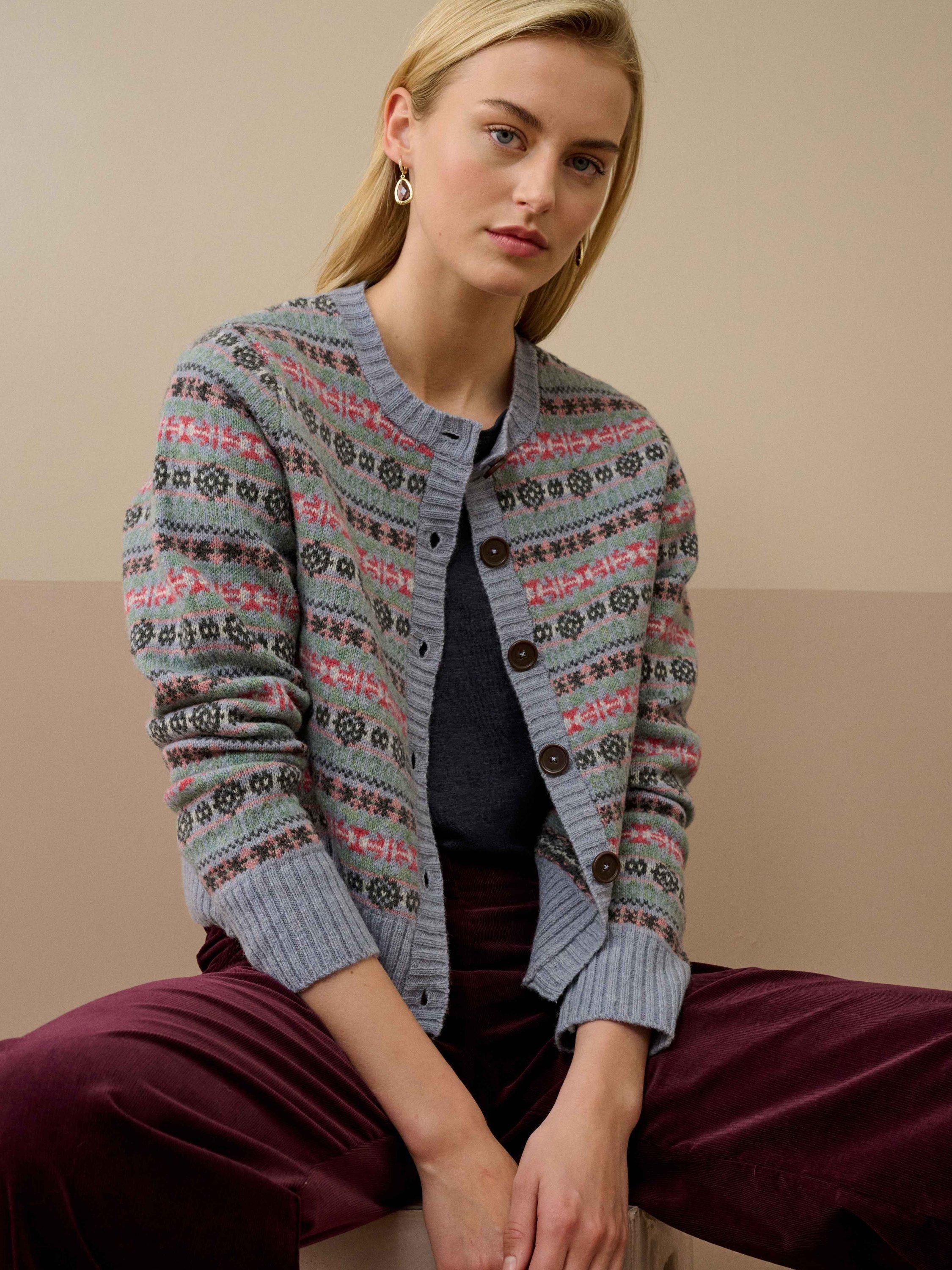 Product image 2 of 5, which shows Brora Fair Isle Pure Merino Wool Cardigan, Smoke, 8