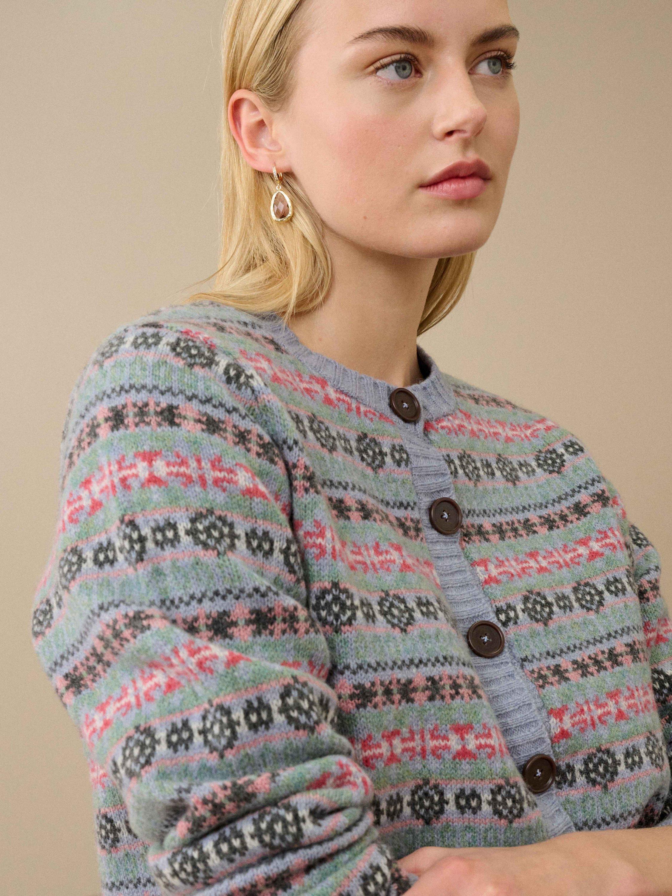 Product image 4 of 5, which shows Brora Fair Isle Pure Merino Wool Cardigan, Smoke, 8