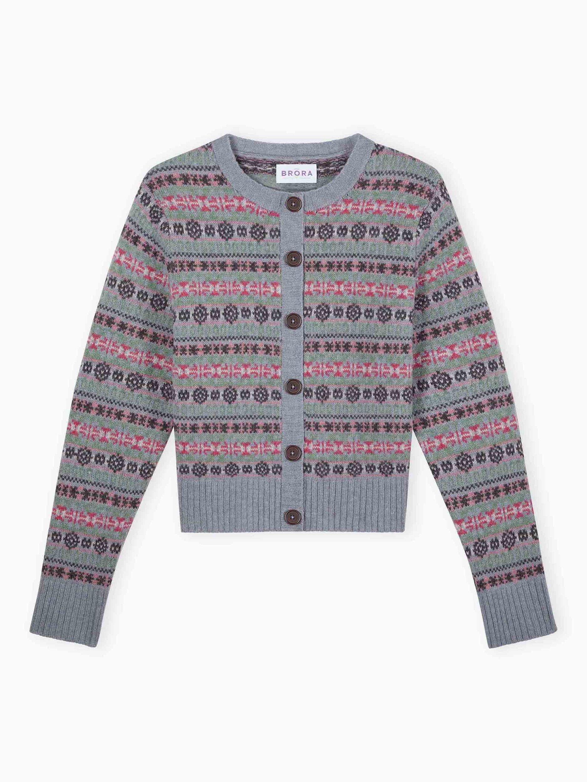 Product image 5 of 5, which shows Brora Fair Isle Pure Merino Wool Cardigan, Smoke, 8