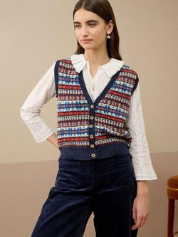 Brora Fair Isle Pure Wool Sleeveless Cardigan, Navy/Multi