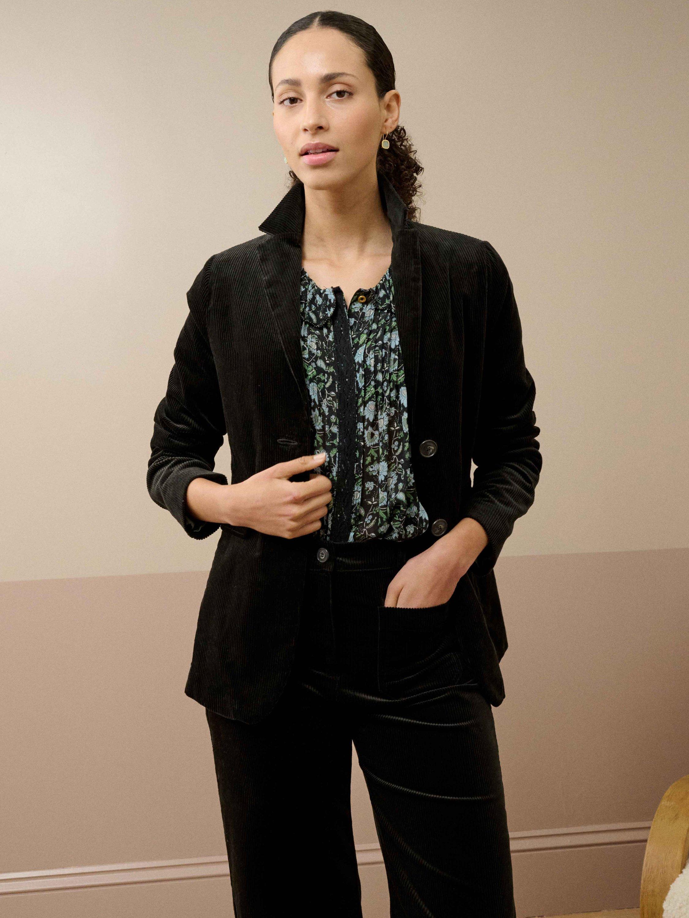 Product image 1 of 5, which shows Brora Corduroy Open Neck Blazer, Seaweed, 8