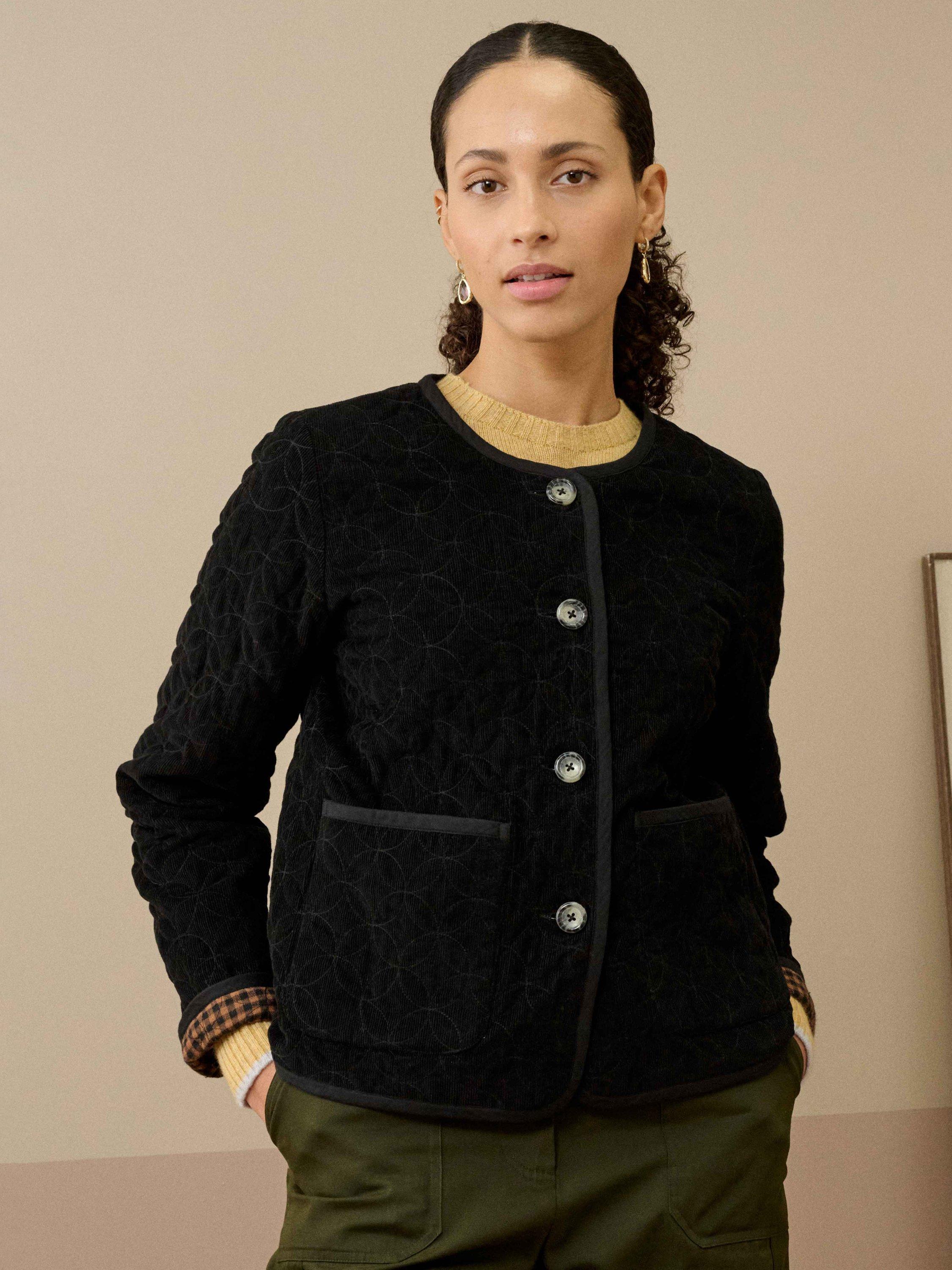 Product image 1 of 5, which shows Brora Quilted Corduroy Reversible Jacket, Black/Mocha, 8