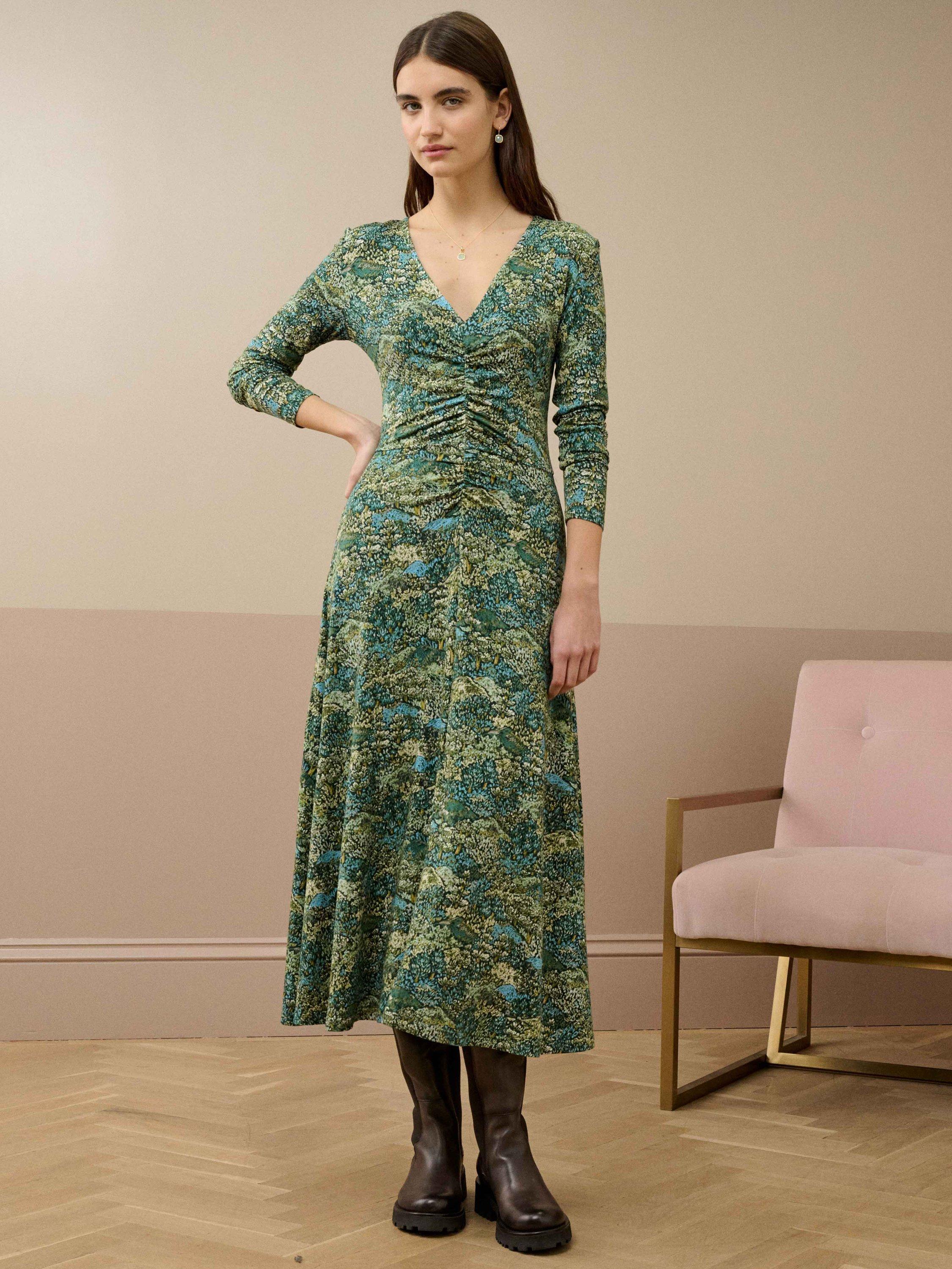Product image 1 of 5, which shows Brora Botanical Liberty Print Jersey Ruched Dress, Thyme/Forest, 8