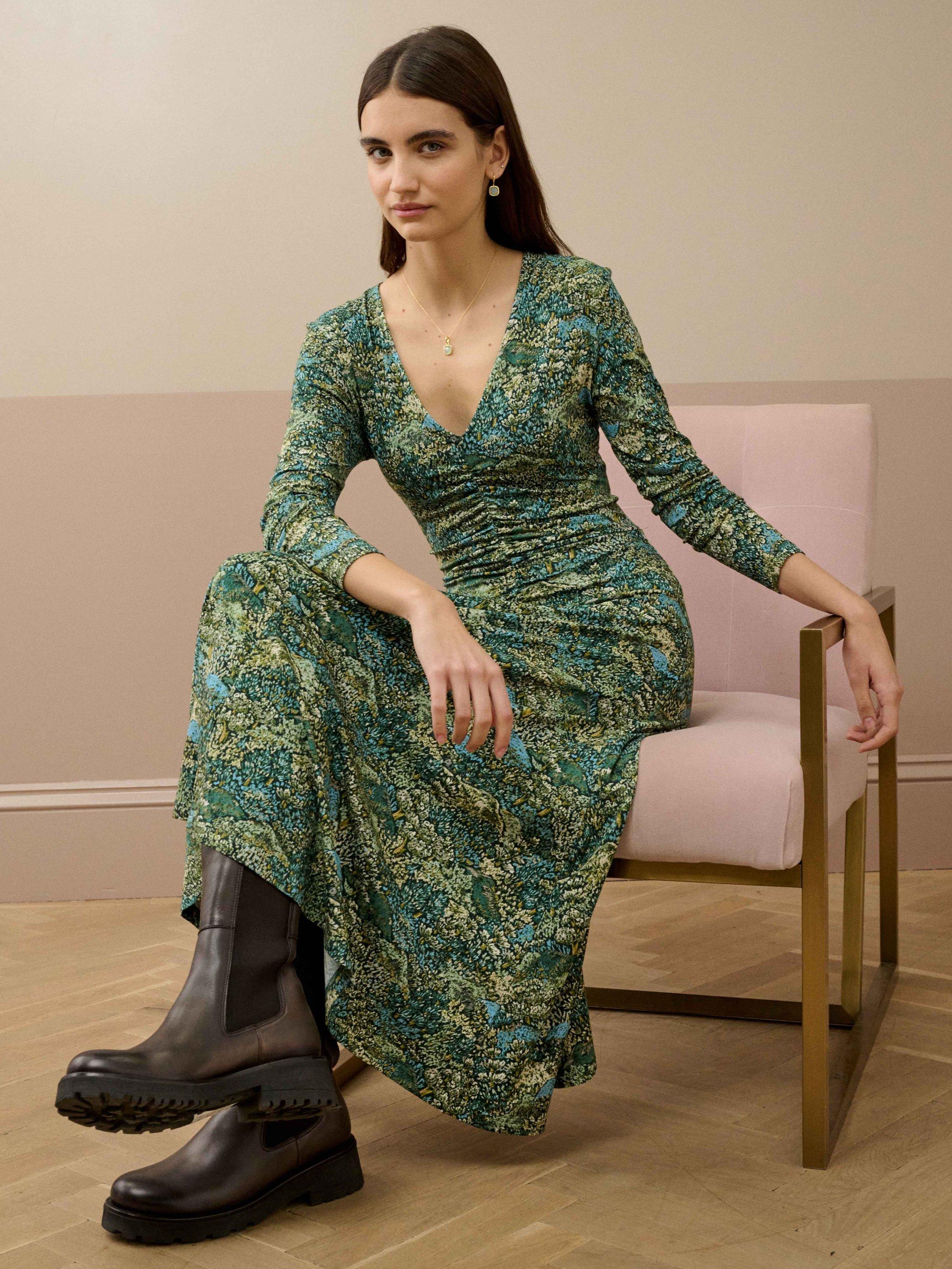Product image 2 of 5, which shows Brora Botanical Liberty Print Jersey Ruched Dress, Thyme/Forest, 8
