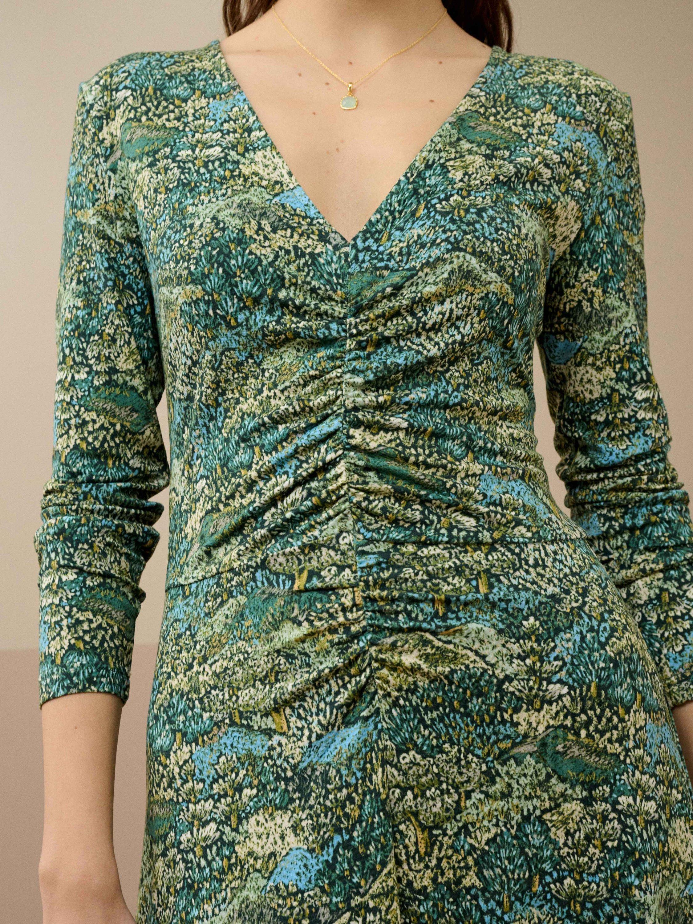 Product image 3 of 5, which shows Brora Botanical Liberty Print Jersey Ruched Dress, Thyme/Forest, 8