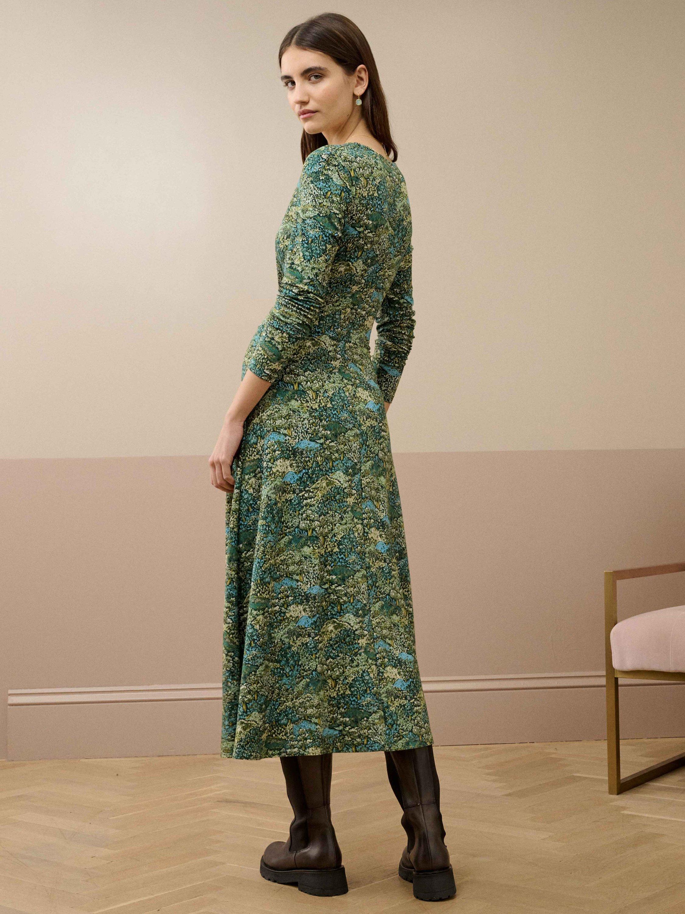 Product image 4 of 5, which shows Brora Botanical Liberty Print Jersey Ruched Dress, Thyme/Forest, 8