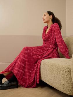 Brora Polka Dot Long Sleeve V Neck Fit & Flare Midi Dress, Rosehip