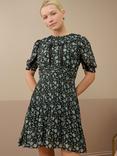 Brora Botanical Pintuck Pure Silk Dress, Black/Wedgewood