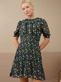 Brora Botanical Pintuck Pure Silk Dress, Black/Wedgewood, Black/Wedgewood