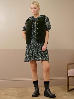 Brora Botanical Pintuck Pure Silk Dress, Black/Wedgewood - view 2, Black/Wedgewood