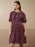 Brora Botanical Print Flared Silk Dress, Midnight/Raspberry