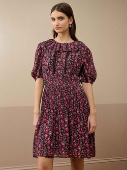 Brora Botanical Print Flared Silk Dress, Midnight/Raspberry, Midnight/Raspberry