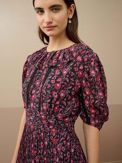 Brora Botanical Print Flared Silk Dress, Midnight/Raspberry - view 2, Midnight/Raspberry