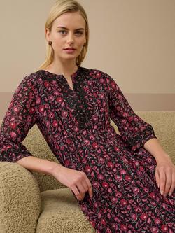 Brora Silk Floral Embroidered Three-Quarter Sleeves V-Neck Flare Midi Dress - view 2, Midnight/Raspberry