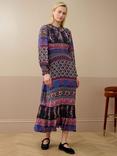 Brora Smock Patchwork Pure Silk Dress, Midnight/Mulberry