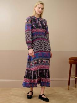 Brora Smock Patchwork Pure Silk Dress, Midnight/Mulberry, Midnight/Mulberry