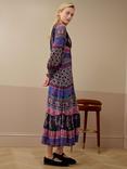 Brora Smock Patchwork Pure Silk Dress, Midnight/Mulberry