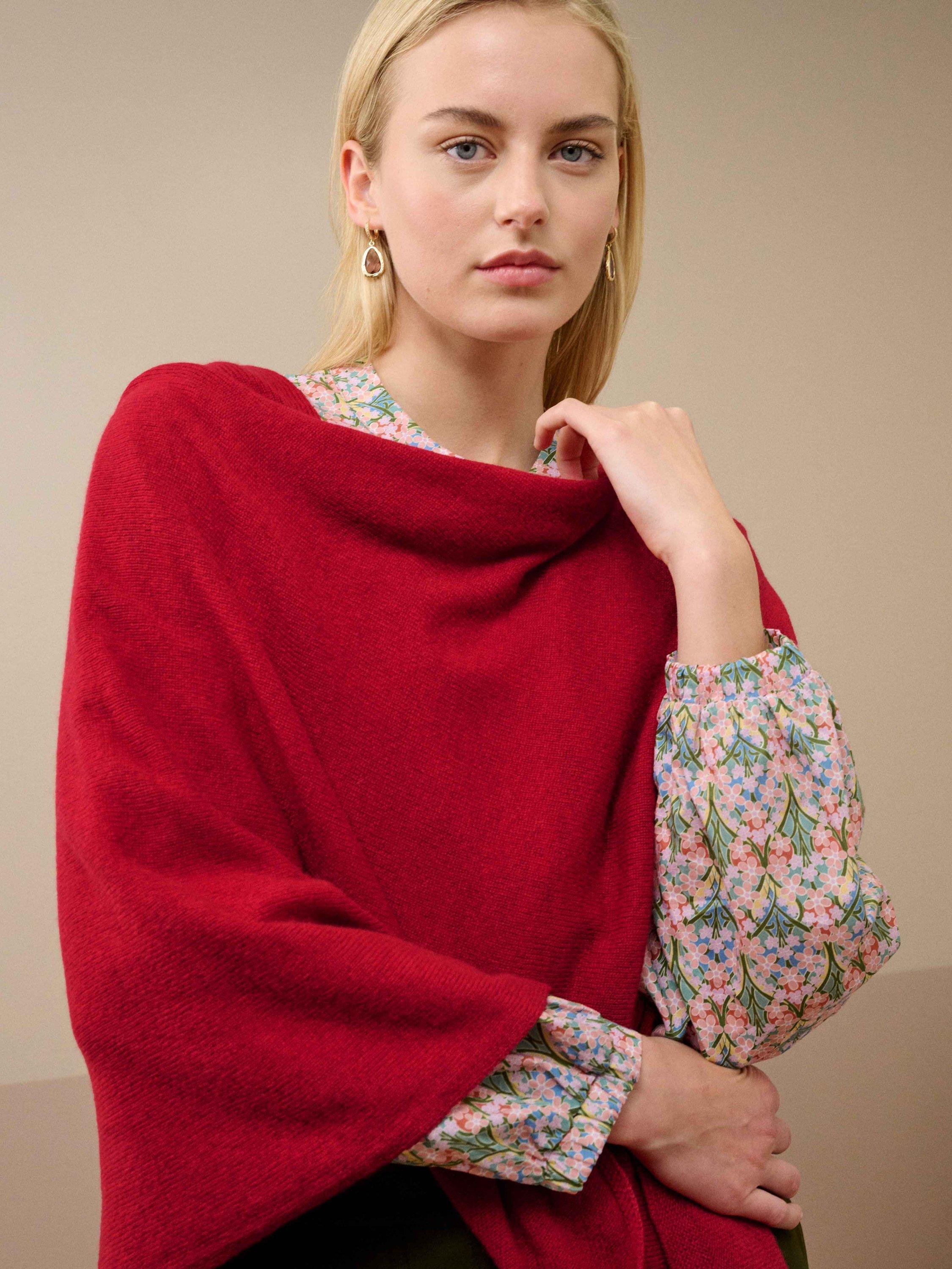 Product image 1 of 4, which shows Brora Gauzy Pure Cashmere Poncho, Garnet, One Size