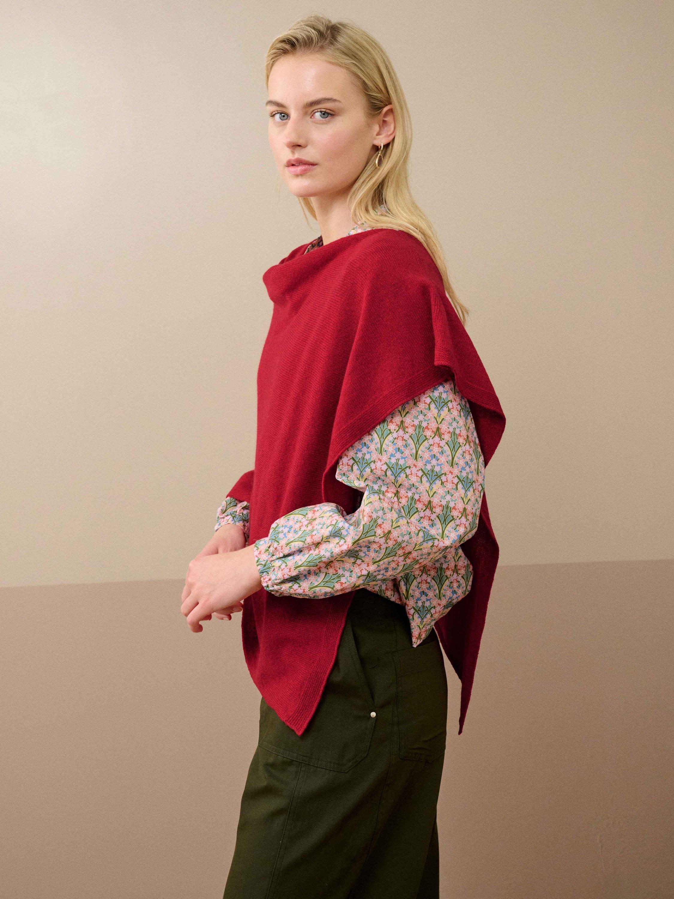 Product image 3 of 4, which shows Brora Gauzy Pure Cashmere Poncho, Garnet, One Size