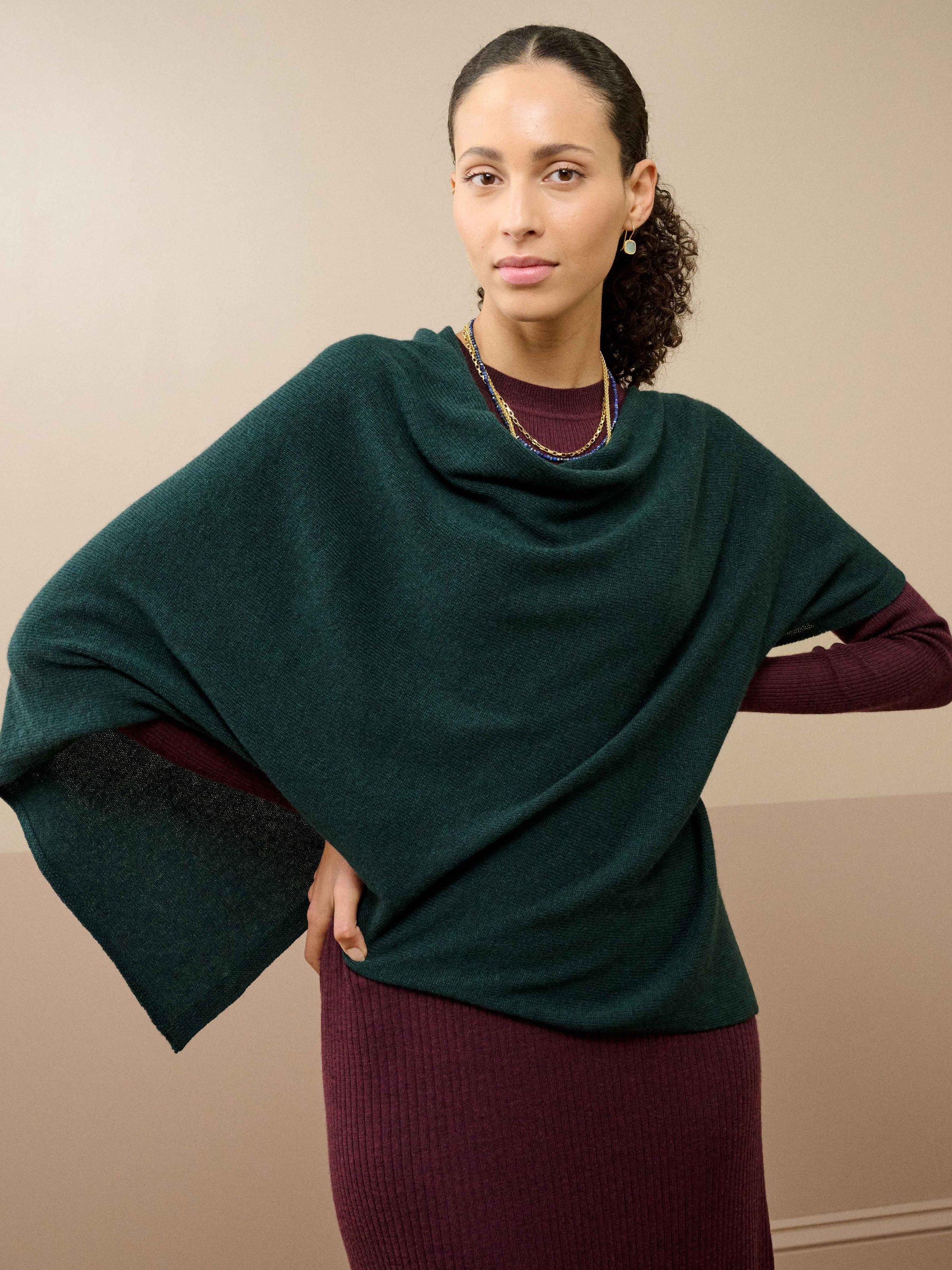 Product image 1 of 4, which shows Brora Gauzy Pure Cashmere Poncho, Ivy, One Size