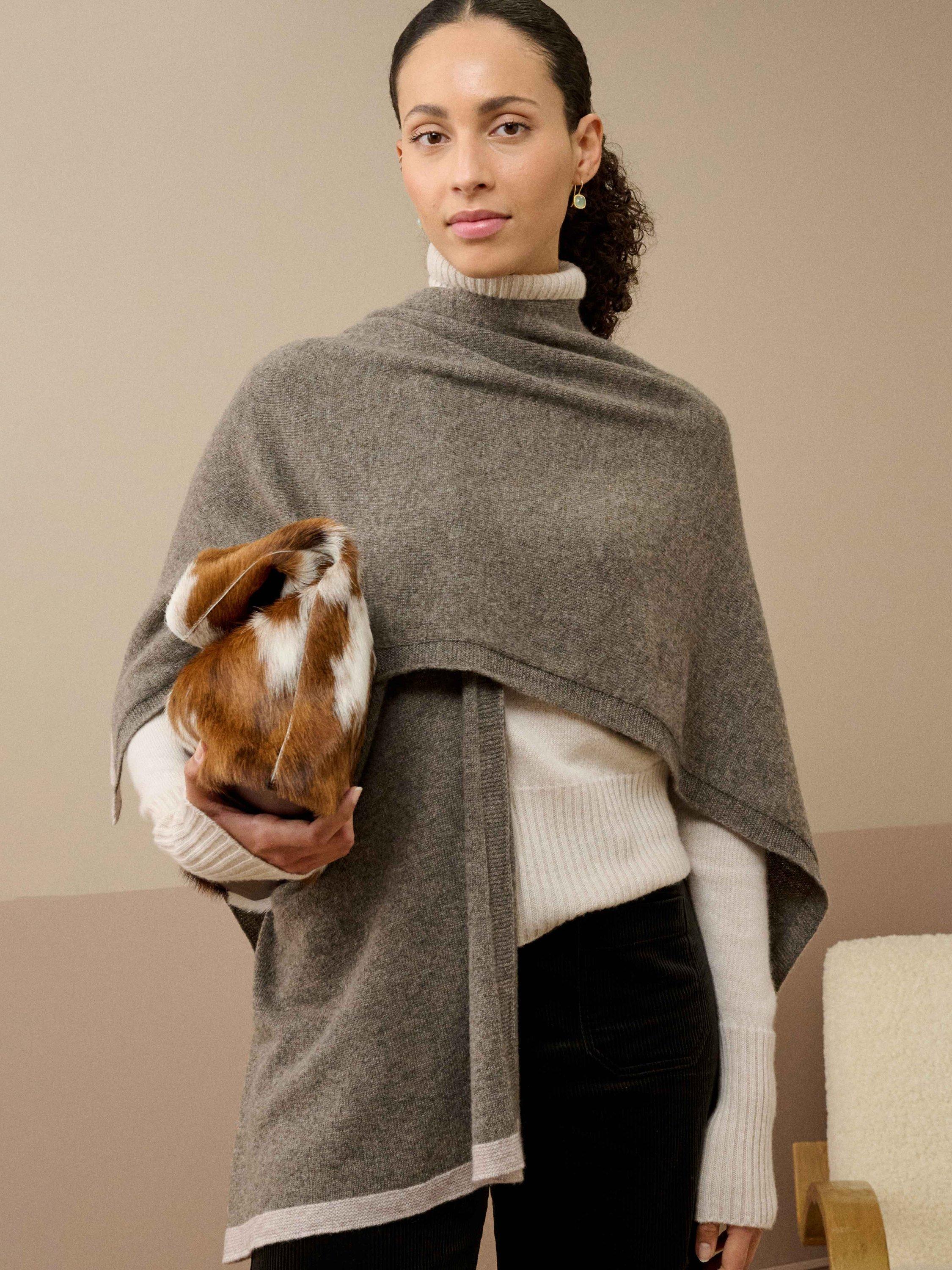 Product image 1 of 4, which shows Brora Contrast Trim Pure Cashmere Cape, Mushroom/Ash, One Size