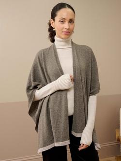 Brora Contrast Trim Pure Cashmere Cape - view 2, Mushroom/Ash