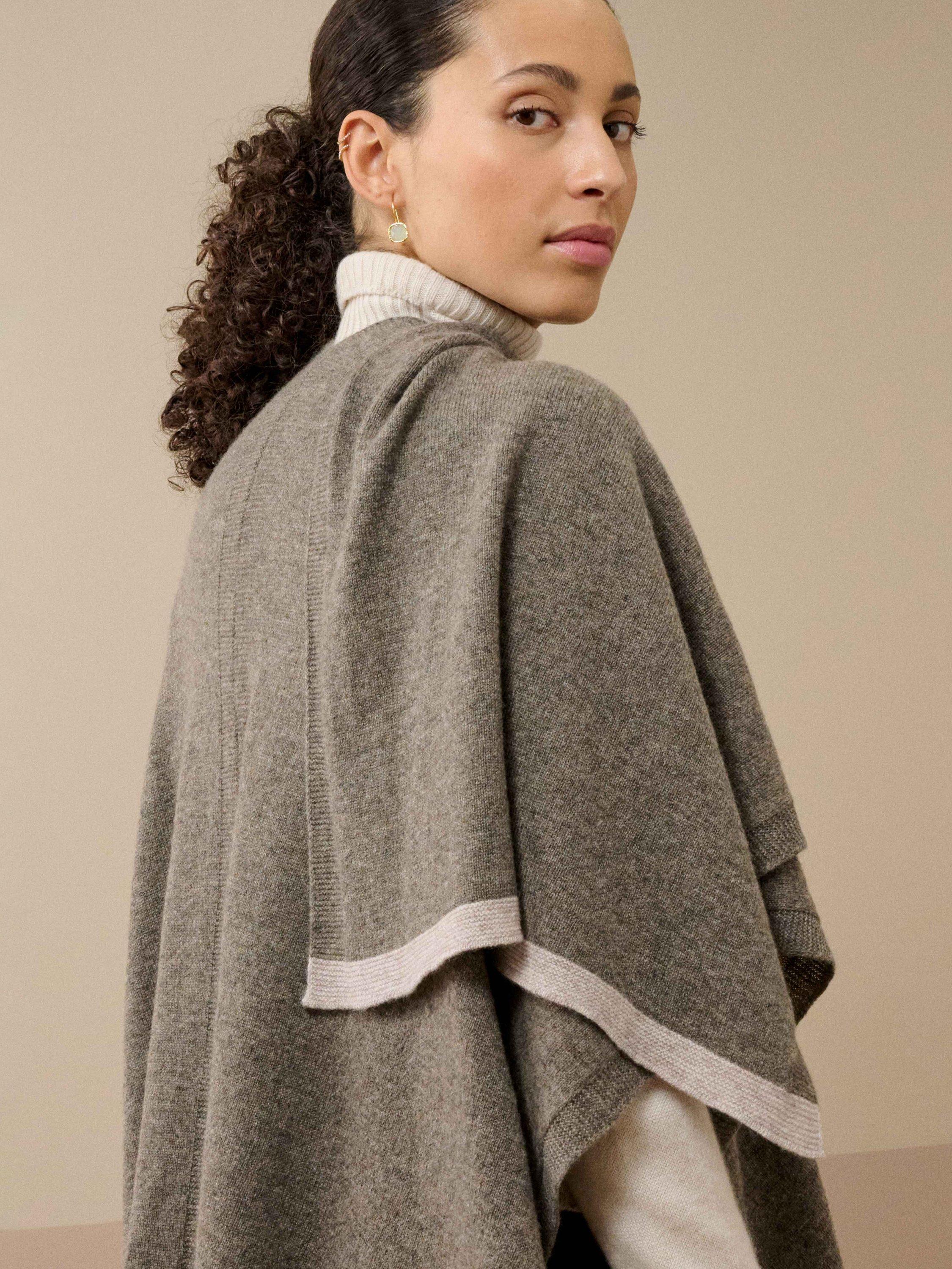 Product image 3 of 4, which shows Brora Contrast Trim Pure Cashmere Cape, Mushroom/Ash, One Size