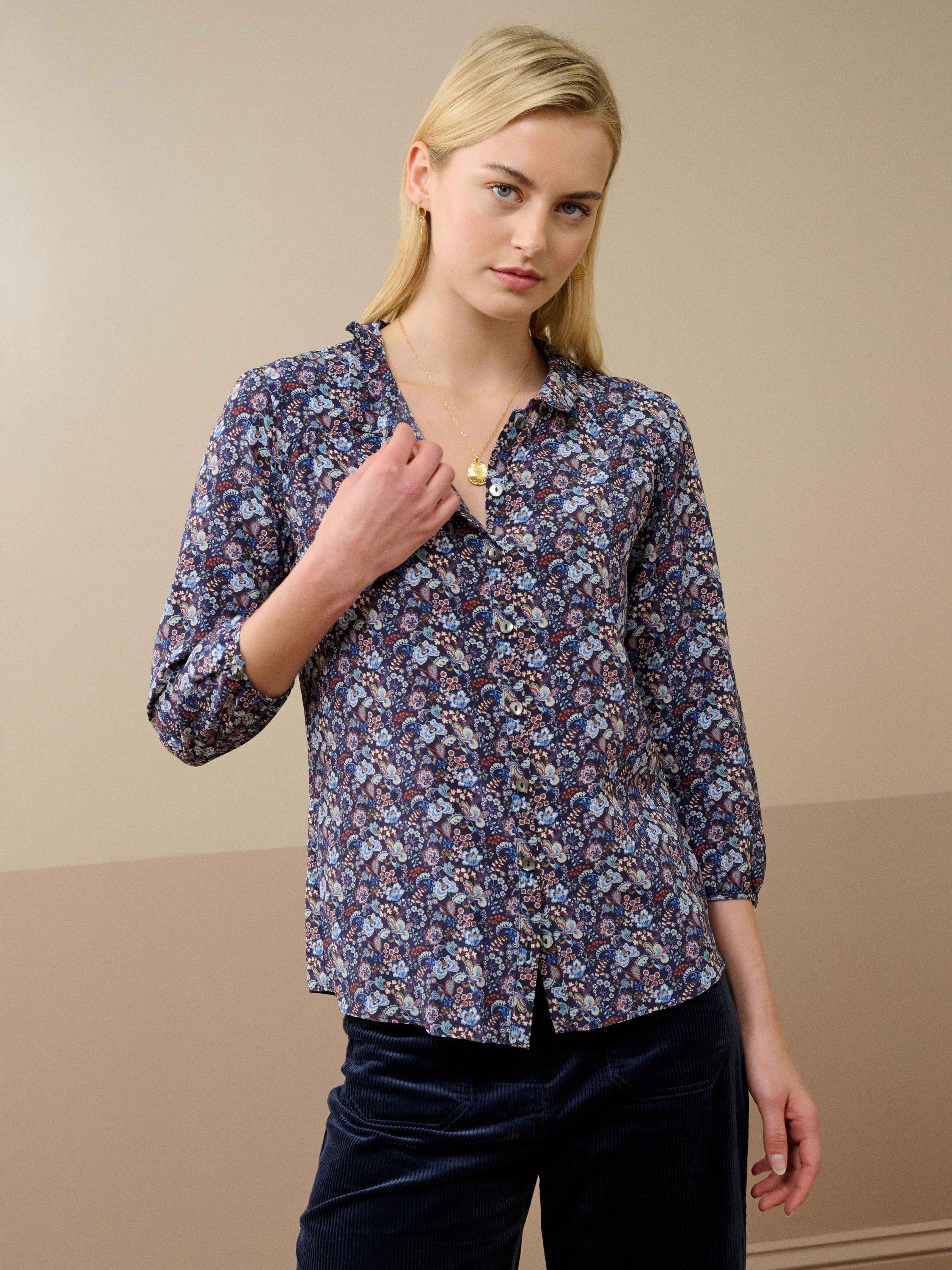 Product image 1 of 4, which shows Brora Liberty Print Peter Pan Collar Top, Sky, 6