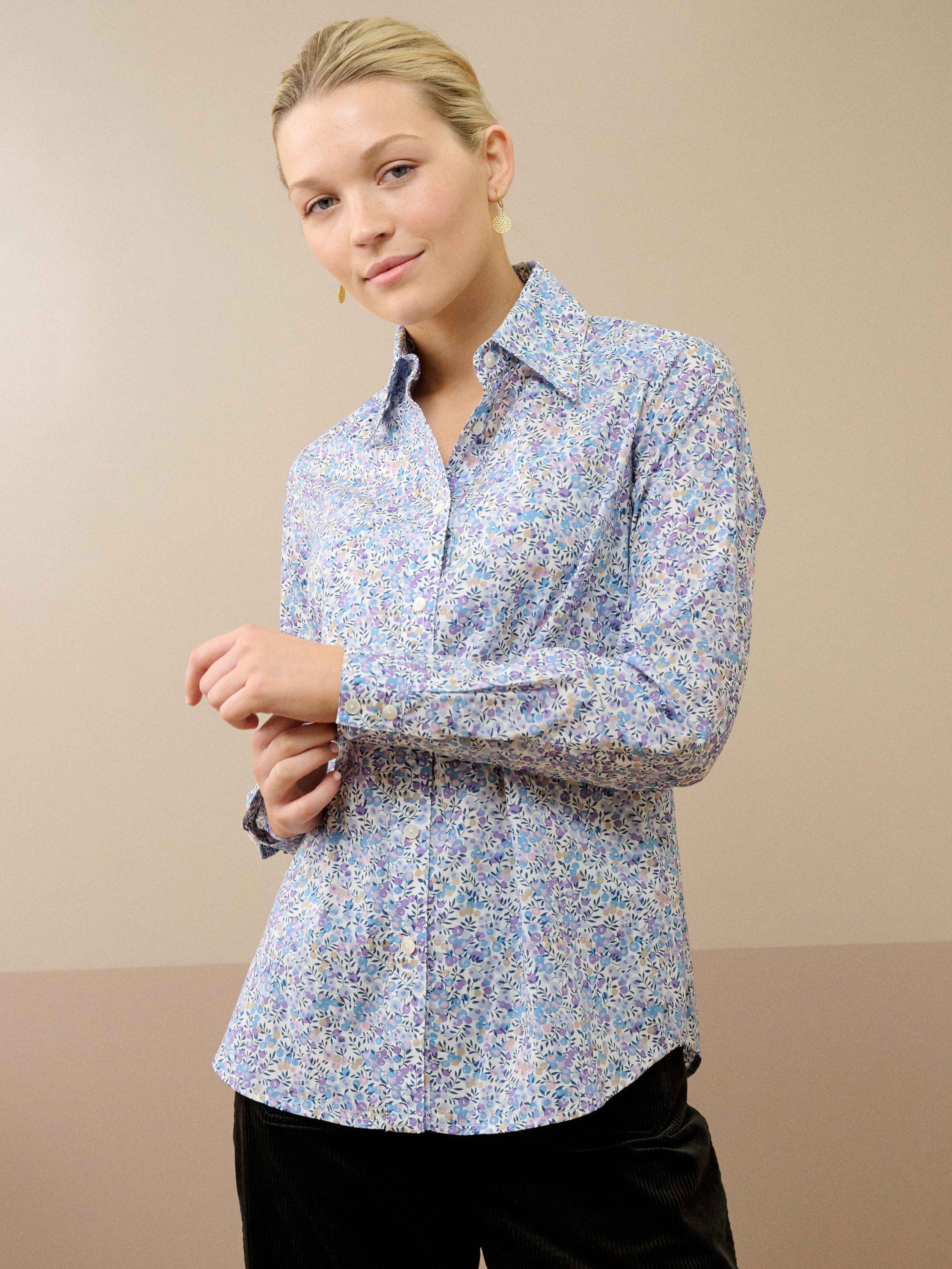 Product image 1 of 4, which shows Brora Botanical Liberty Print Shirt, Sky, 10