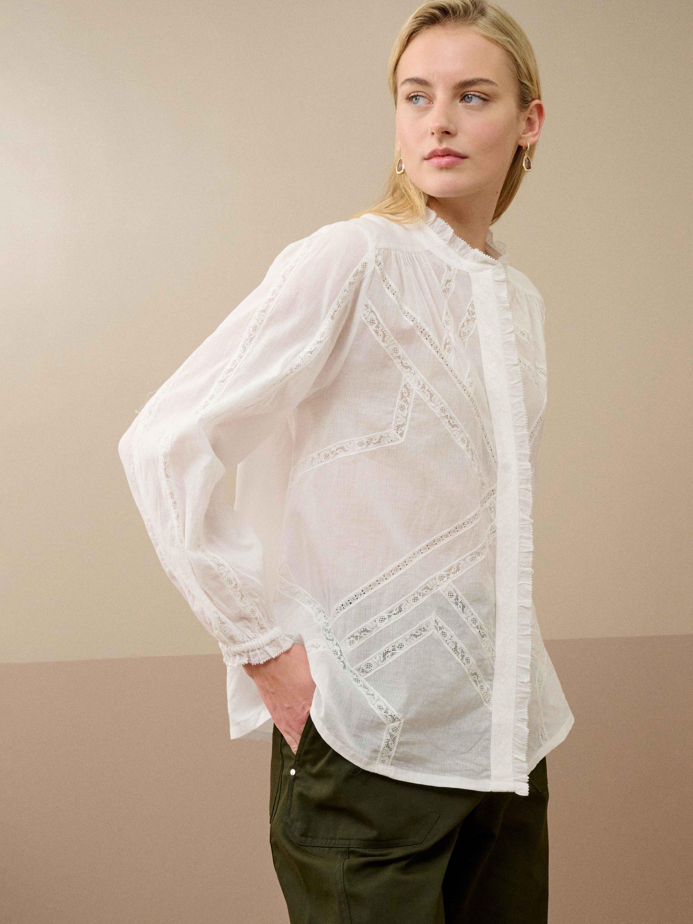 Product image 1 of 5, which shows Brora Lace Trim Frill Top, White, 6