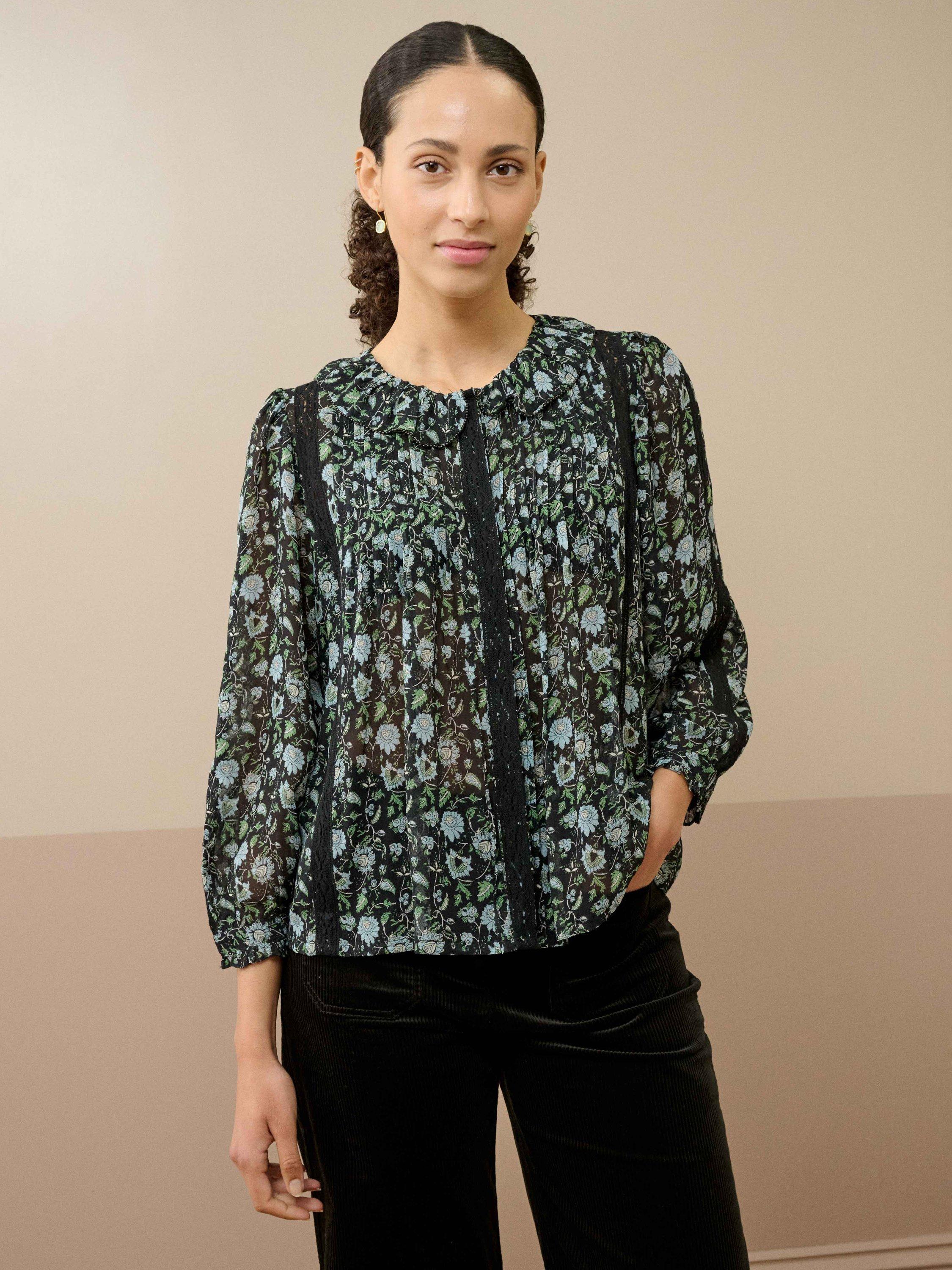 Product image 1 of 4, which shows Brora Silk Floral Three-Quarter Sleeves Round Neck Blouse, Black/Wedgewood, 8