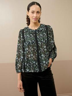 Brora Silk Floral Three-Quarter Sleeves Round Neck Blouse, Black/Wedgewood