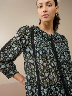 Brora Silk Floral Three-Quarter Sleeves Round Neck Blouse - view 2, Black/Wedgewood