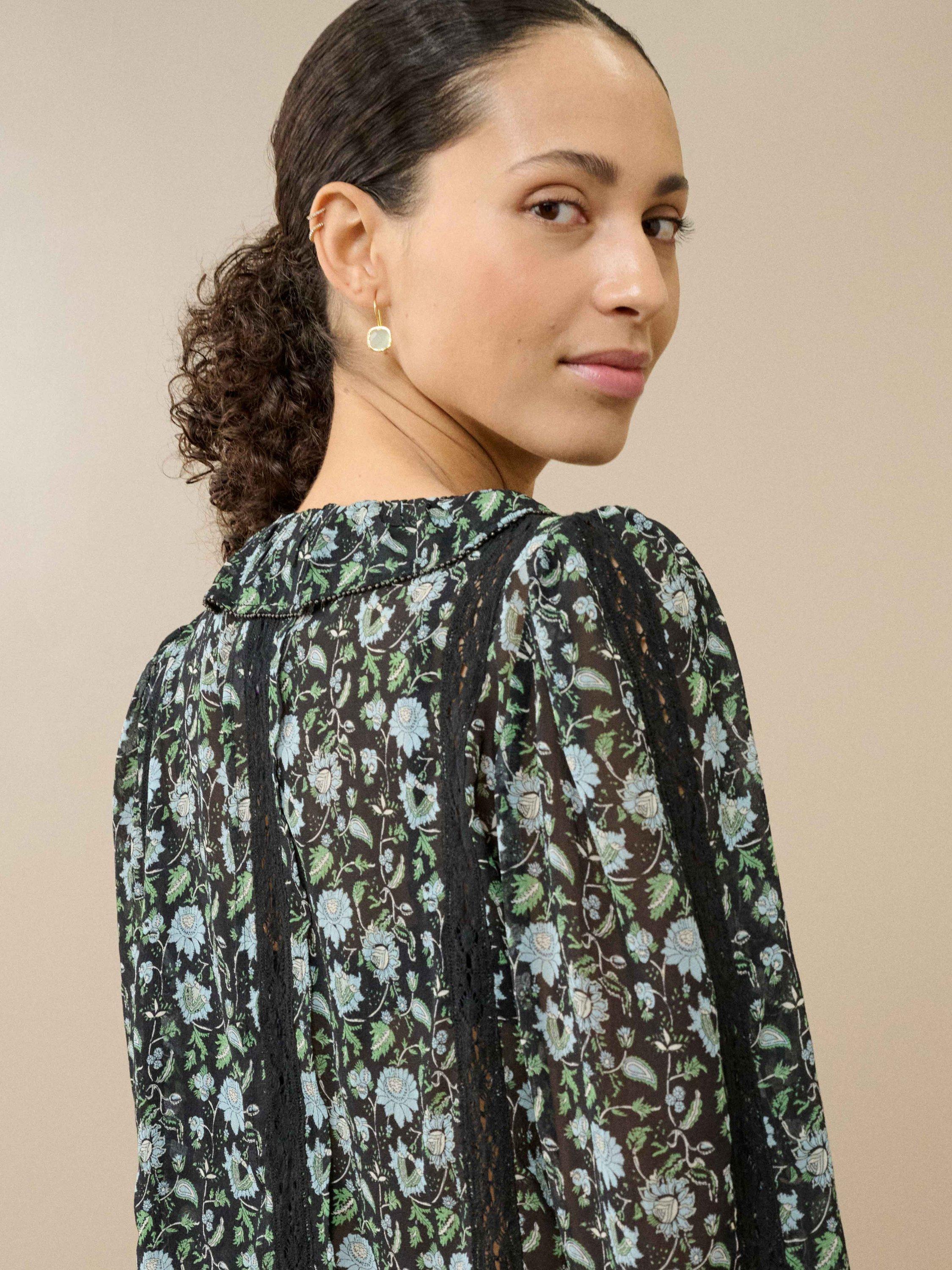 Product image 3 of 4, which shows Brora Silk Floral Three-Quarter Sleeves Round Neck Blouse, Black/Wedgewood, 8