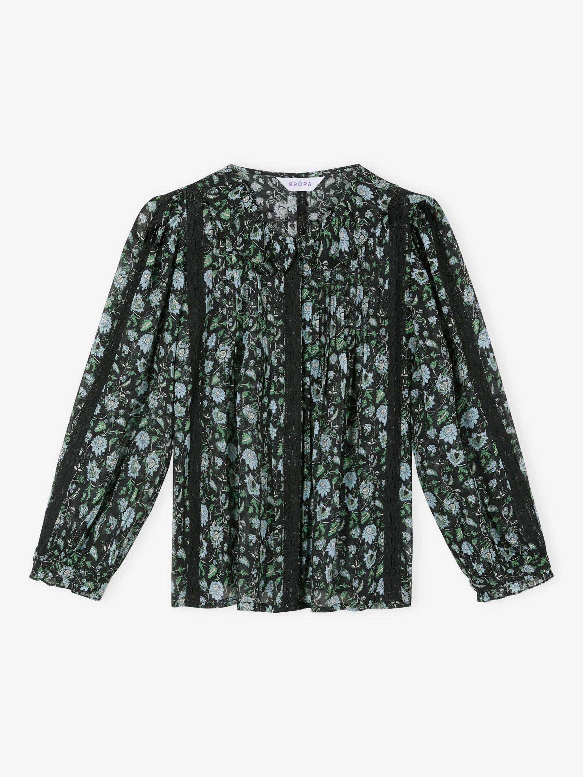 Product image 4 of 4, which shows Brora Silk Floral Three-Quarter Sleeves Round Neck Blouse, Black/Wedgewood, 8