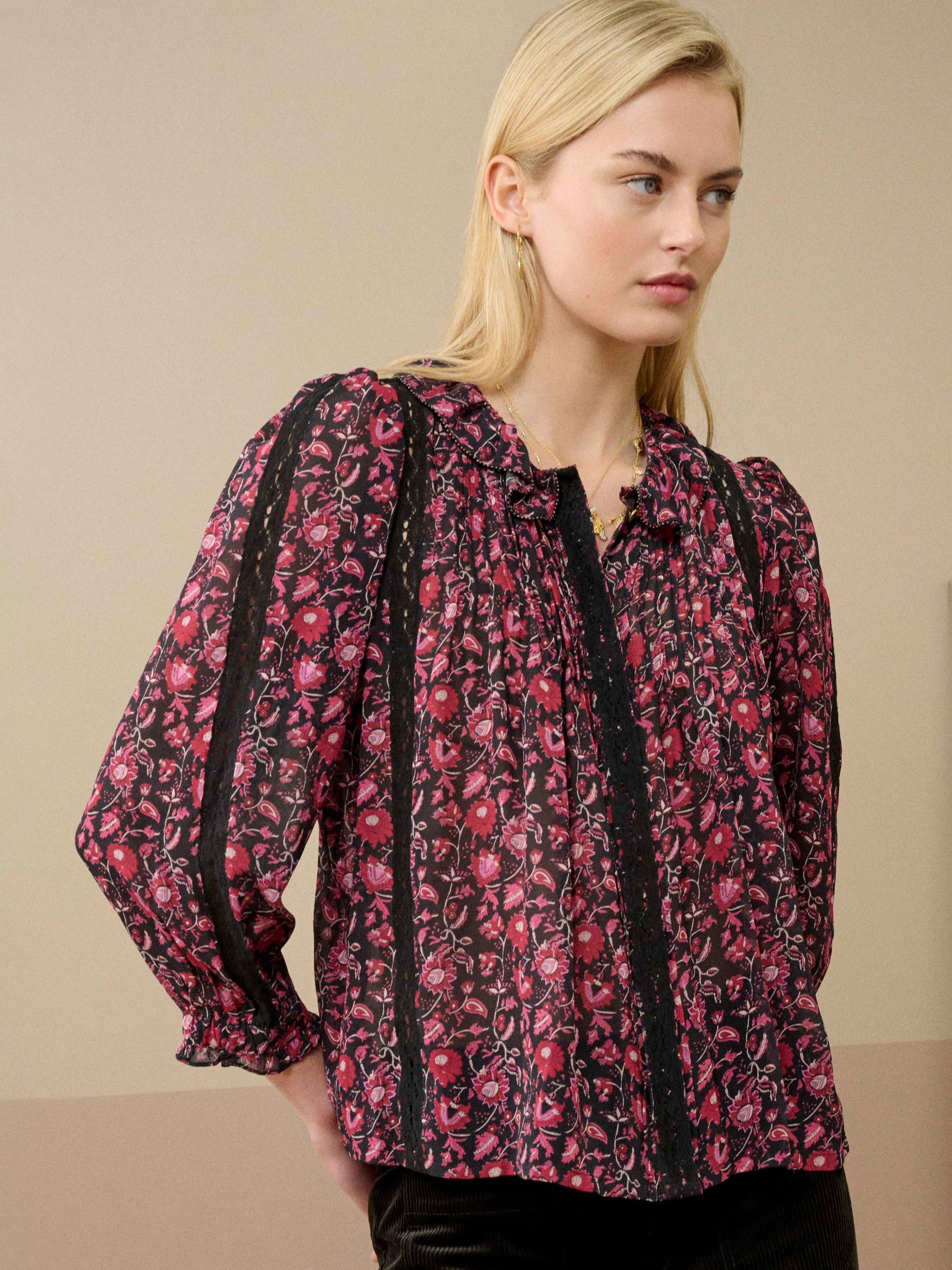 Product image 1 of 4, which shows Brora Silk Floral Three-Quarter Sleeves Round Neck Blouse, Midnight/Raspberry, 8