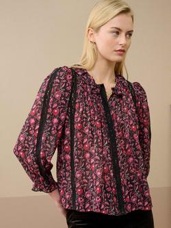 Brora Silk Floral Three-Quarter Sleeves Round Neck Blouse, Midnight/Raspberry